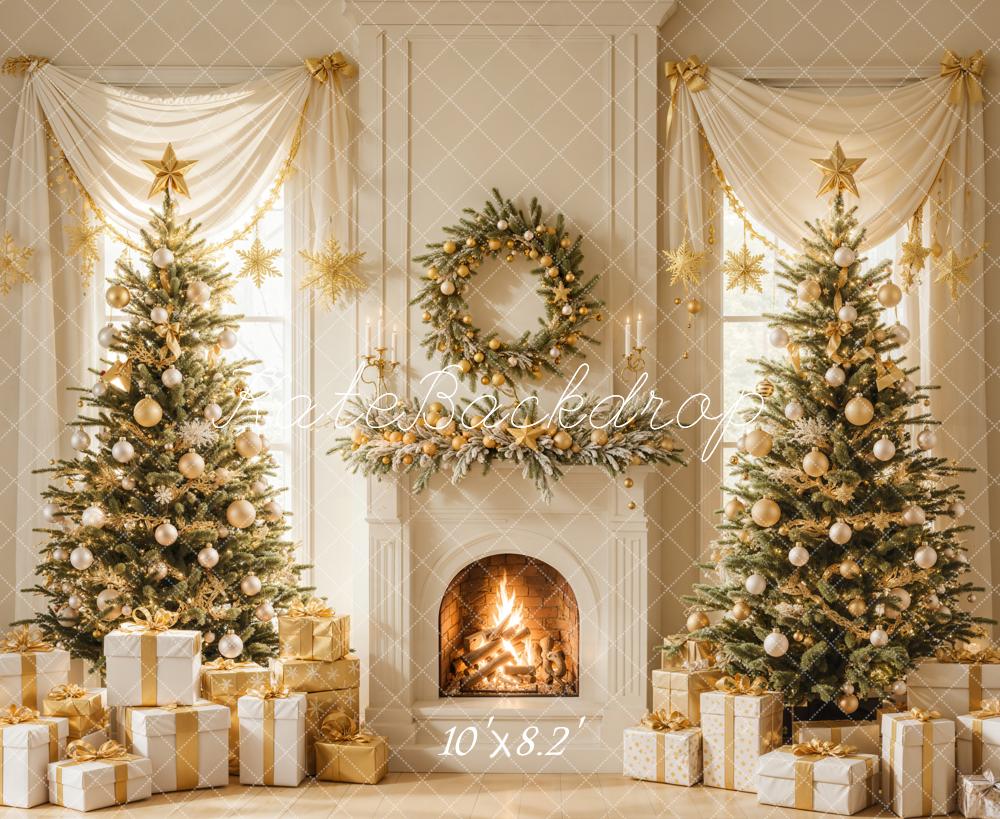 Kate Sapin de Noël Cheminée Doré Cadeaux Toile de fond conçue par Emetselch - Kate Backdrop FR
