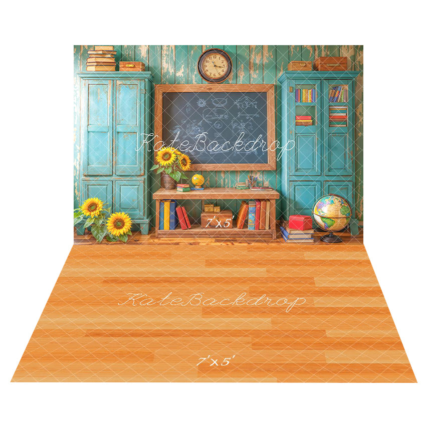 Kate Salle de classe Vintage Tableau noir Toile de fond+Parquet Orange Bois Sol Toile de fond - Kate Backdrop FR