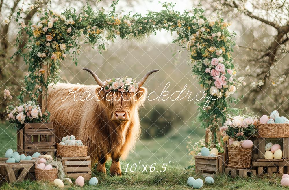 Kate Pâques Arche Florale Bovins Highland Toile de fond conçue par Patty Roberts - Kate Backdrop FR