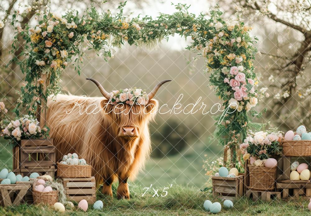 Kate Pâques Arche Florale Bovins Highland Toile de fond conçue par Patty Roberts - Kate Backdrop FR