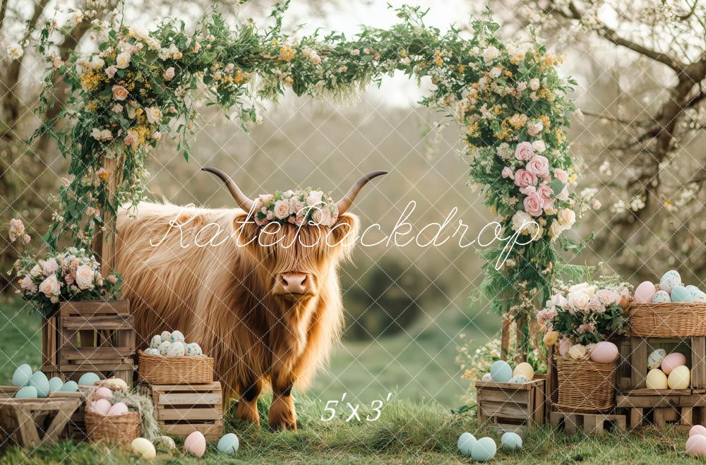 Kate Pâques Arche Florale Bovins Highland Toile de fond conçue par Patty Roberts - Kate Backdrop FR