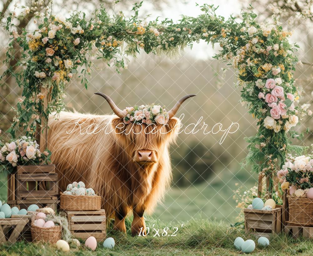 Kate Pâques Arche Florale Bovins Highland Toile de fond conçue par Patty Roberts - Kate Backdrop FR