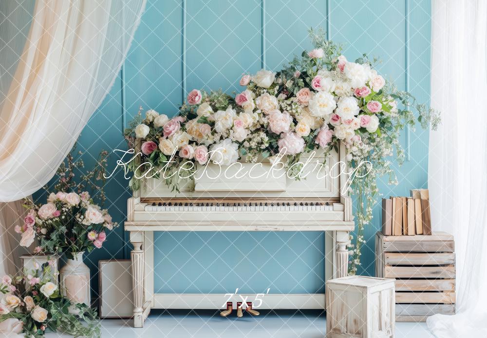 Kate Fleurs Piano Vintage Bleu Romantique Toile de fond conçue par Patty Roberts - Kate Backdrop FR