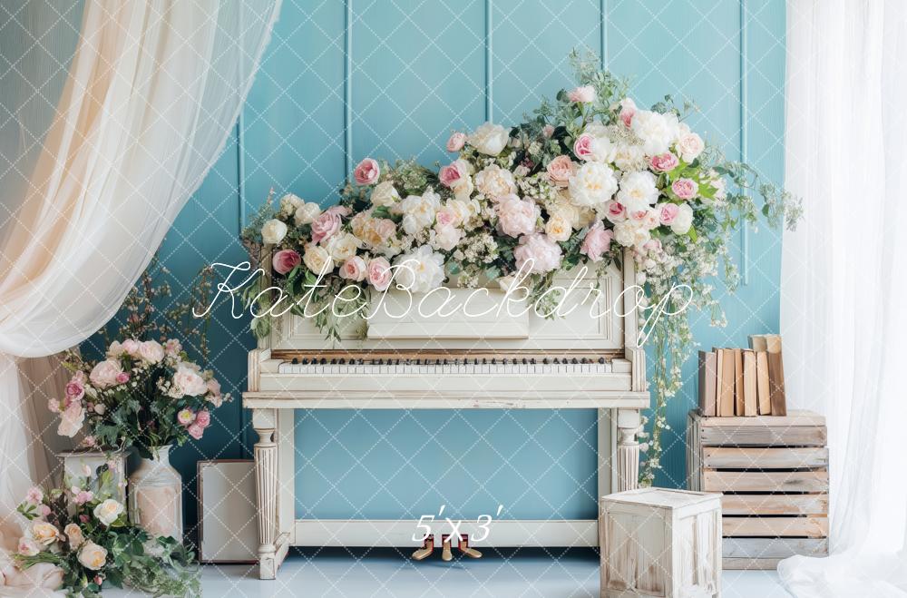 Kate Fleurs Piano Vintage Bleu Romantique Toile de fond conçue par Patty Roberts - Kate Backdrop FR