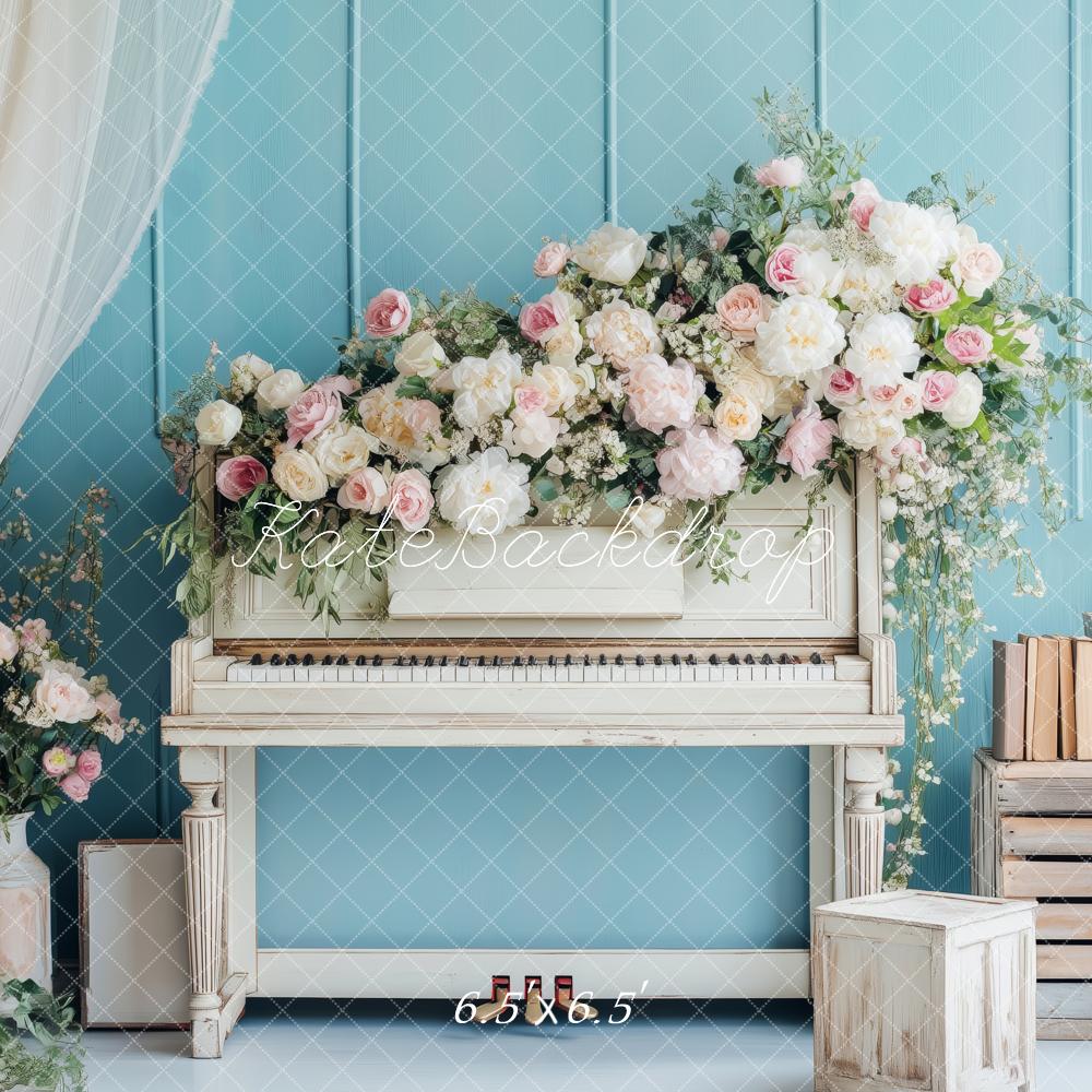 Kate Fleurs Piano Vintage Bleu Romantique Toile de fond conçue par Patty Roberts - Kate Backdrop FR