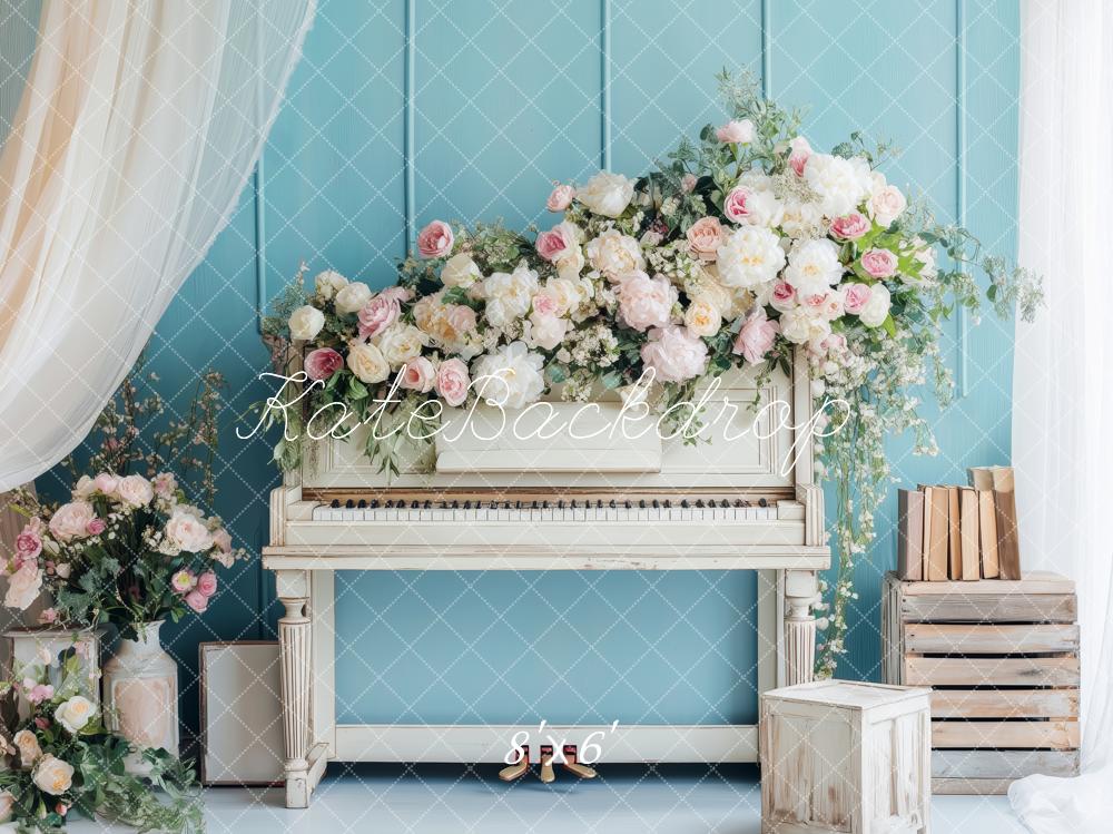 Kate Fleurs Piano Vintage Bleu Romantique Toile de fond conçue par Patty Roberts - Kate Backdrop FR