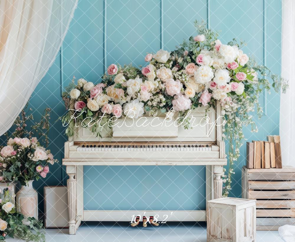 Kate Fleurs Piano Vintage Bleu Romantique Toile de fond conçue par Patty Roberts - Kate Backdrop FR