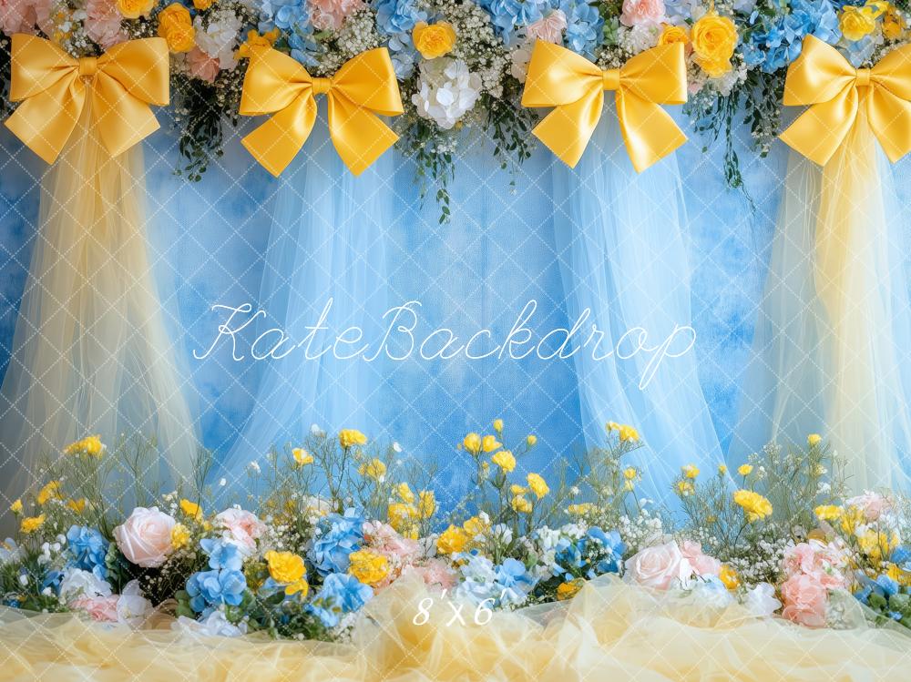 Kate Printemps Fleurs Nœud Jaune Bleu Toile de fond conçue par Patty Roberts - Kate Backdrop FR
