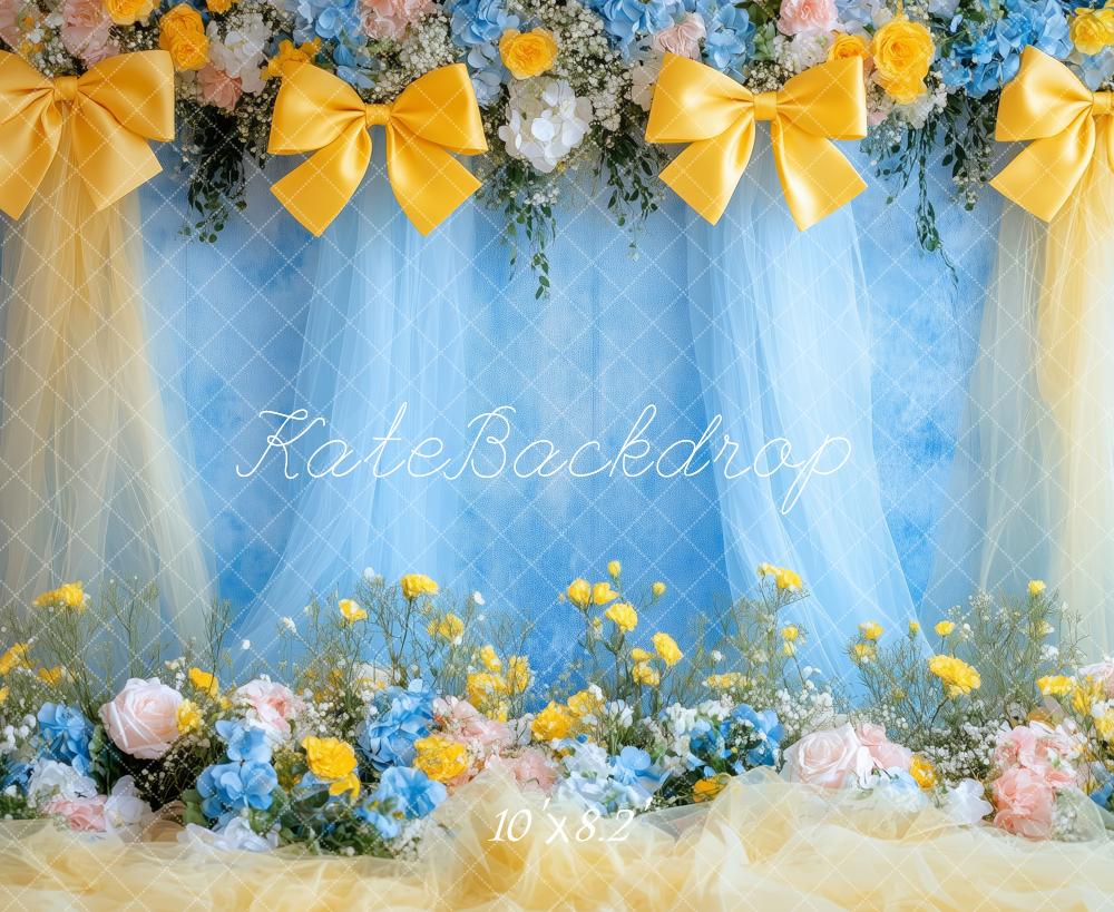 Kate Printemps Fleurs Nœud Jaune Bleu Toile de fond conçue par Patty Roberts - Kate Backdrop FR