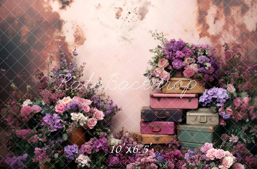 Kate Fleurs Violet Valises Vintage Toile de fond conçue par Patty Roberts - Kate Backdrop FR