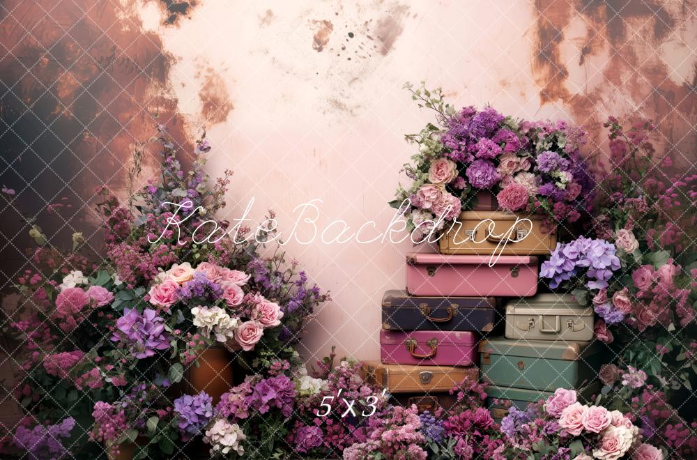 Kate Fleurs Violet Valises Vintage Toile de fond conçue par Patty Roberts - Kate Backdrop FR