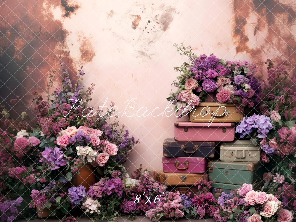 Kate Fleurs Violet Valises Vintage Toile de fond conçue par Patty Roberts - Kate Backdrop FR
