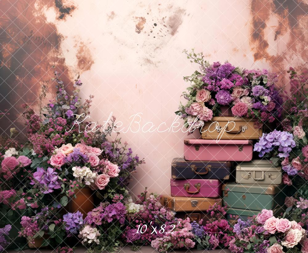 Kate Fleurs Violet Valises Vintage Toile de fond conçue par Patty Roberts - Kate Backdrop FR