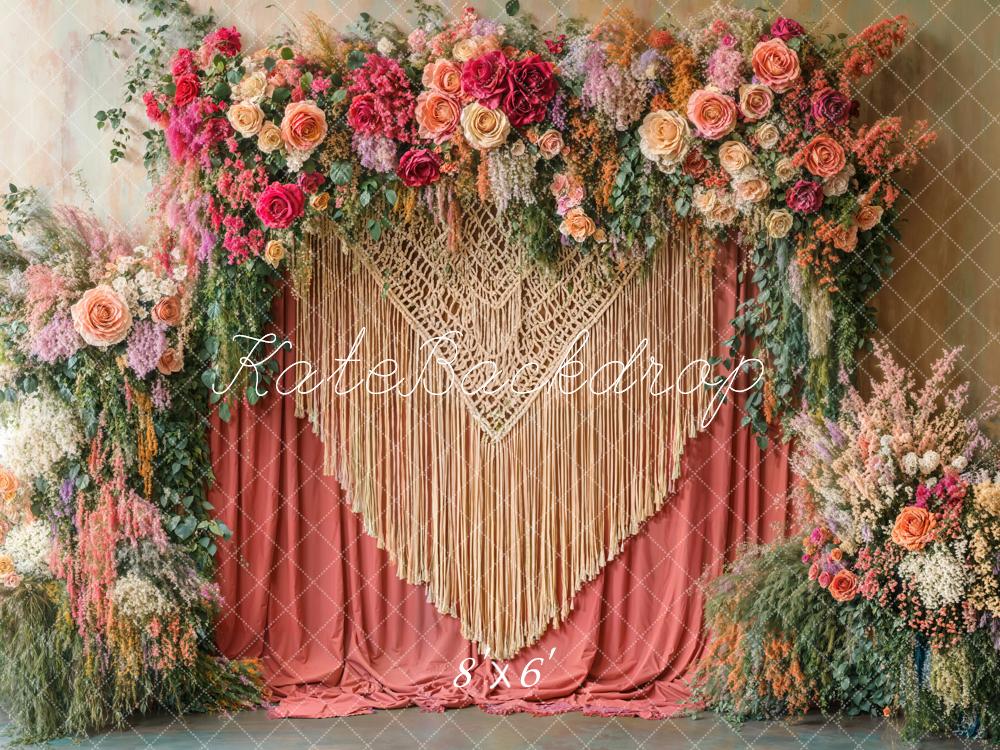 Kate Bohème Fleurs Rouge Macramé Toile de fond conçue par Emetselch - Kate Backdrop FR