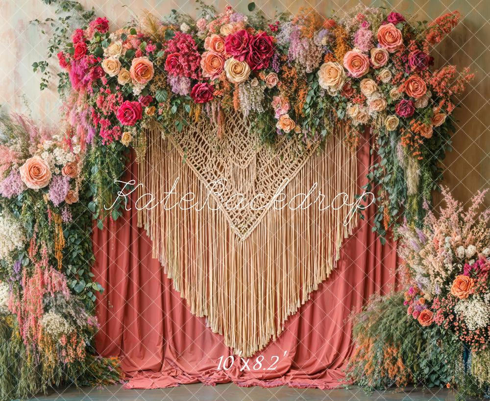 Kate Bohème Fleurs Rouge Macramé Toile de fond conçue par Emetselch - Kate Backdrop FR