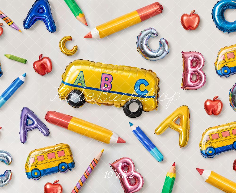 Kate Retour à l'école Ballons Alphabet Bus Toile de fond conçue par Emetselch - Kate Backdrop FR