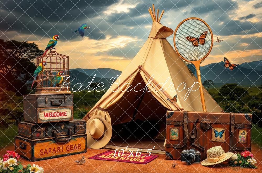 Kate Safari Aventure Camping Oiseaux Papillons Toile de fond conçue par Laura Bybee - Kate Backdrop FR