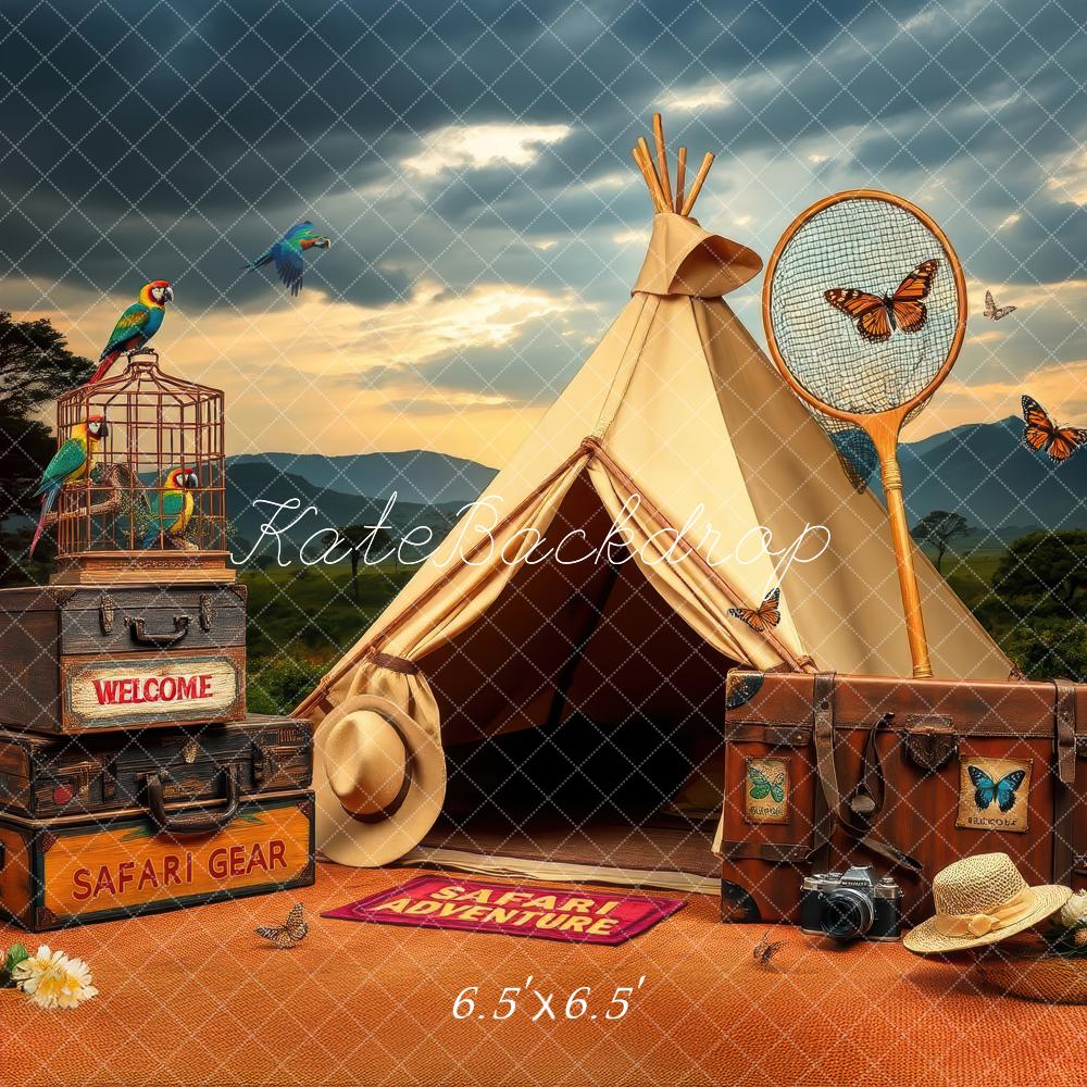 Kate Safari Aventure Camping Oiseaux Papillons Toile de fond conçue par Laura Bybee - Kate Backdrop FR