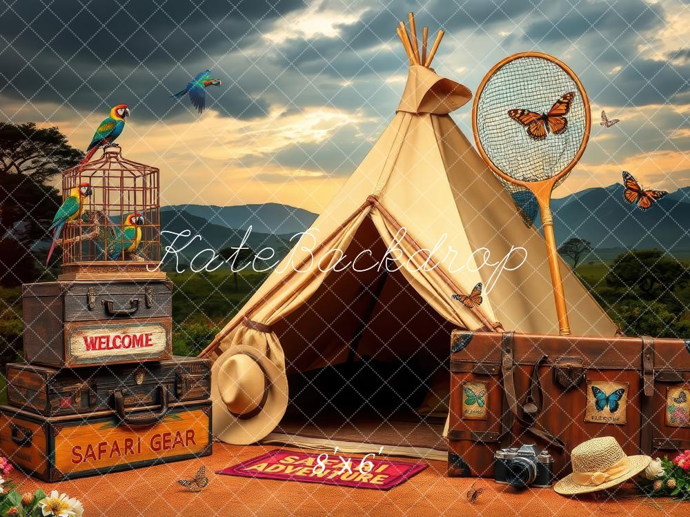 Kate Safari Aventure Camping Oiseaux Papillons Toile de fond conçue par Laura Bybee - Kate Backdrop FR