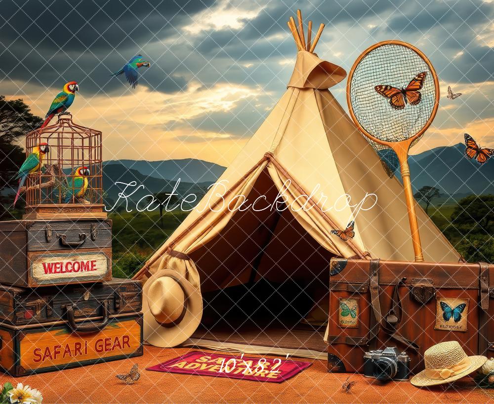 Kate Safari Aventure Camping Oiseaux Papillons Toile de fond conçue par Laura Bybee - Kate Backdrop FR
