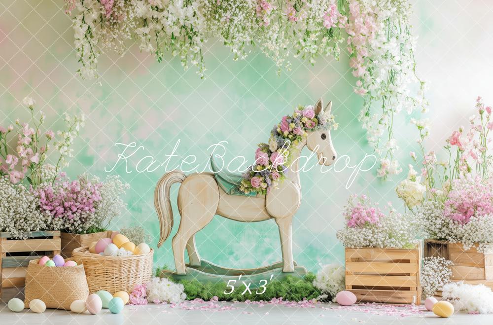 Kate Pâques Fleur Œufs Cheval Vert Toile de fond conçue par Patty Roberts - Kate Backdrop FR