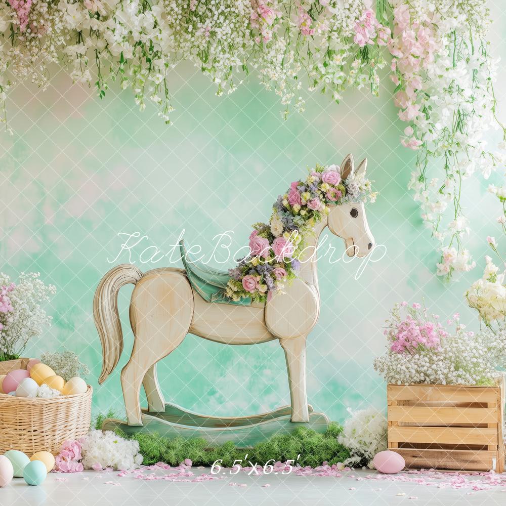 Kate Pâques Fleur Œufs Cheval Vert Toile de fond conçue par Patty Roberts - Kate Backdrop FR