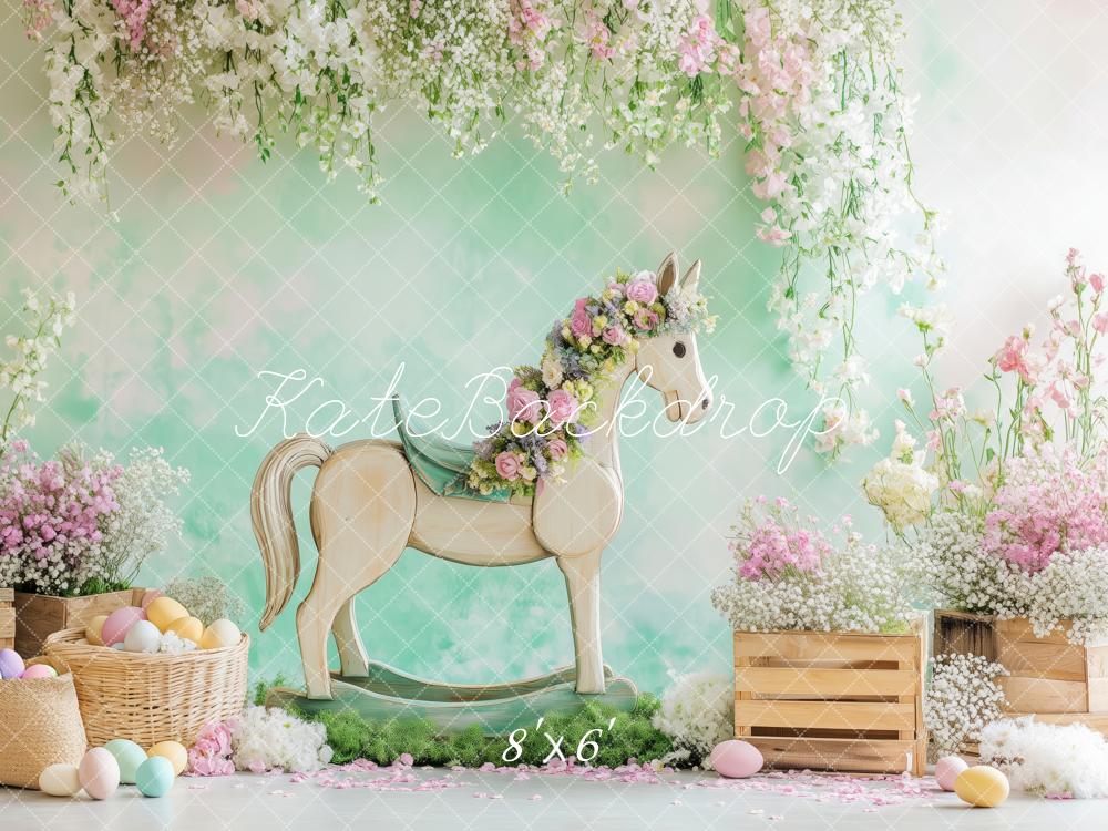 Kate Pâques Fleur Œufs Cheval Vert Toile de fond conçue par Patty Roberts - Kate Backdrop FR