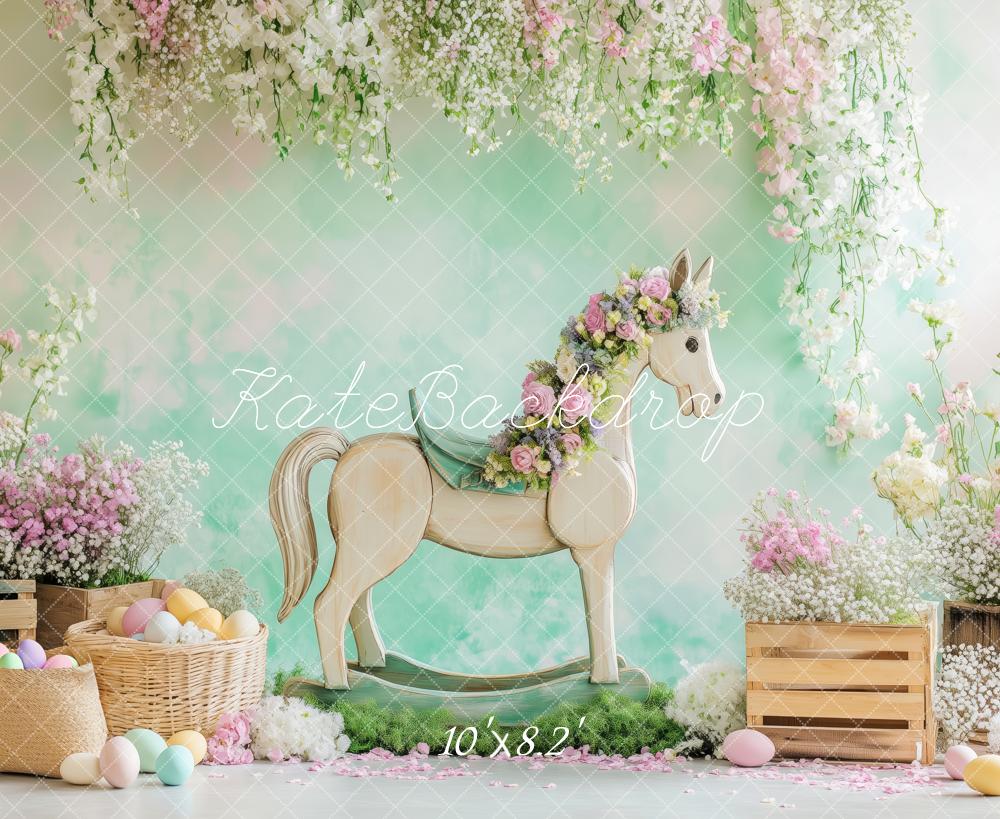 Kate Pâques Fleur Œufs Cheval Vert Toile de fond conçue par Patty Roberts - Kate Backdrop FR