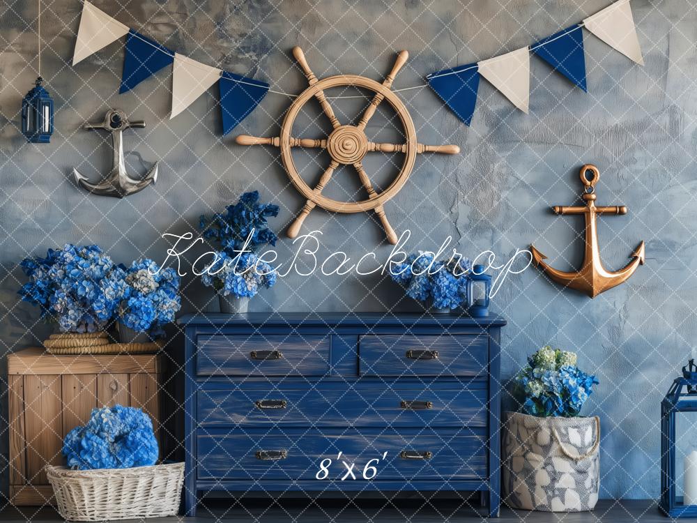 Kate Nautique Ancre Bleu Fleurs Toile de fond conçue par Patty Roberts - Kate Backdrop FR