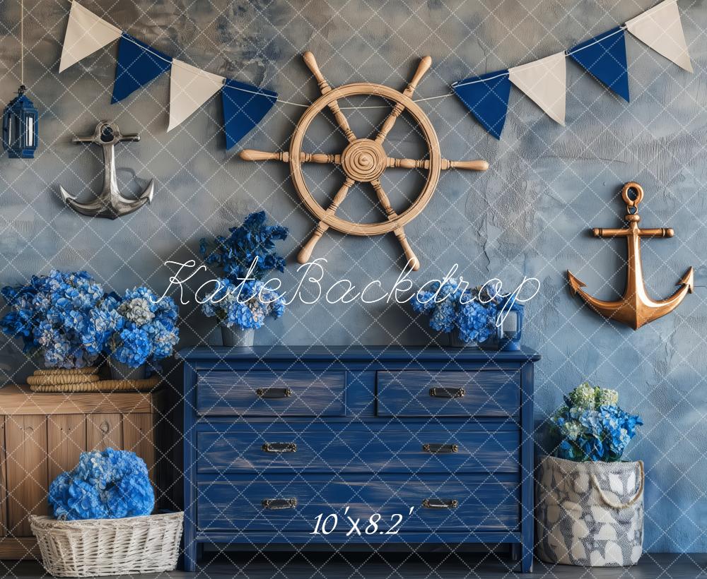 Kate Nautique Ancre Bleu Fleurs Toile de fond conçue par Patty Roberts - Kate Backdrop FR