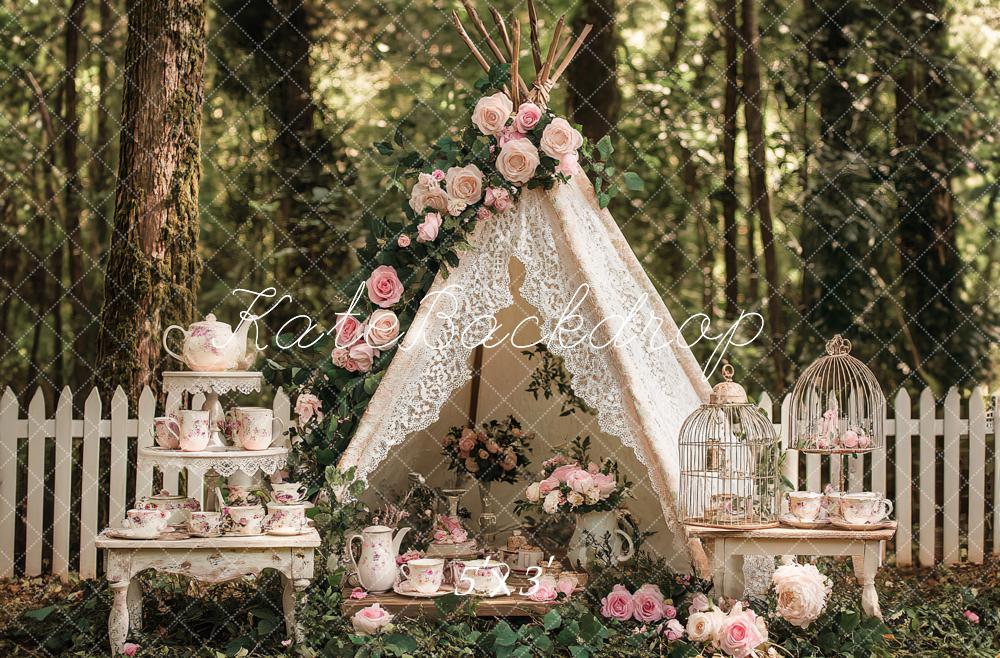 Kate Bohème Soirée Théière Floral Forêt Toile de fond conçu par Ashley Paul - Kate Backdrop FR