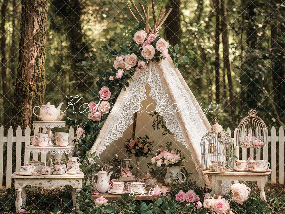 Kate Bohème Soirée Théière Floral Forêt Toile de fond conçu par Ashley Paul - Kate Backdrop FR