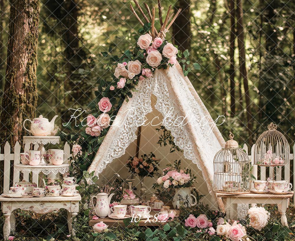 Kate Bohème Soirée Théière Floral Forêt Toile de fond conçu par Ashley Paul - Kate Backdrop FR