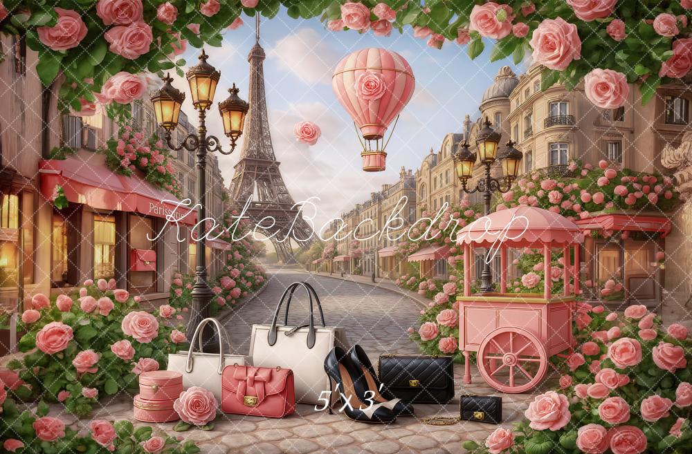 Kate Montgolfière Rue Tour Eiffel Roses Toile de fond conçu par Ashley Paul - Kate Backdrop FR