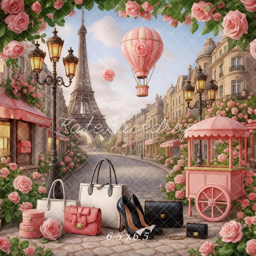 Kate Montgolfière Rue Tour Eiffel Roses Toile de fond conçu par Ashley Paul - Kate Backdrop FR