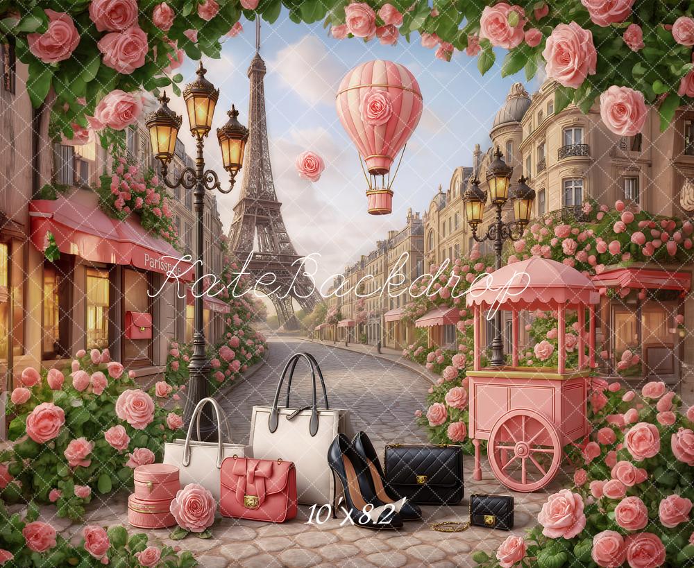 Kate Montgolfière Rue Tour Eiffel Roses Toile de fond conçu par Ashley Paul - Kate Backdrop FR