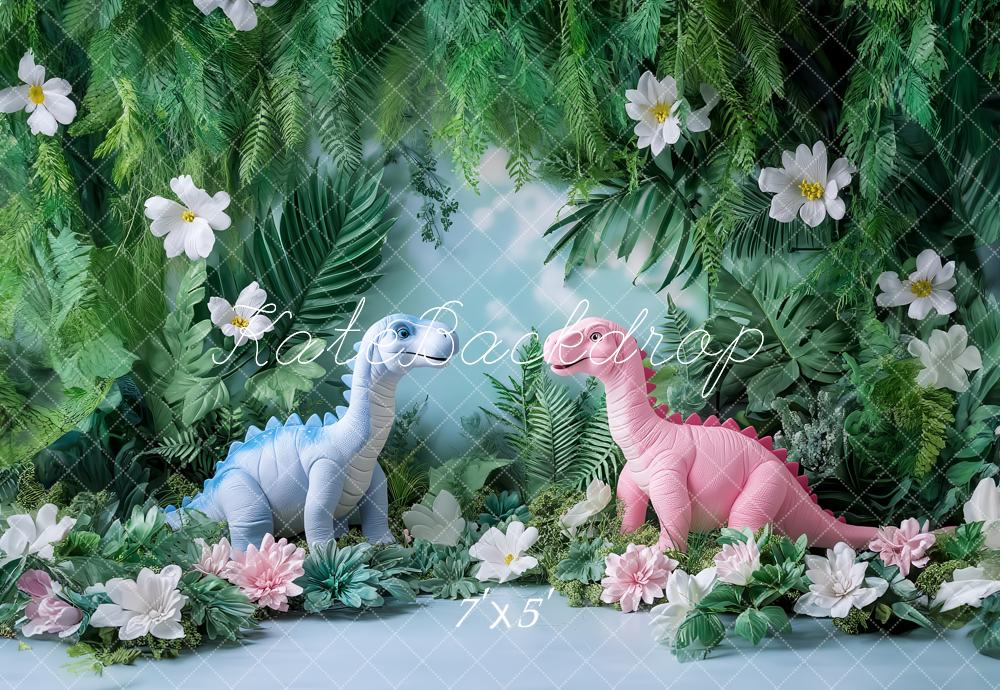 Kate Anniversaire Dinosaure Jungle Fleur Toile de fond conçu par Ashley Paul - Kate Backdrop FR