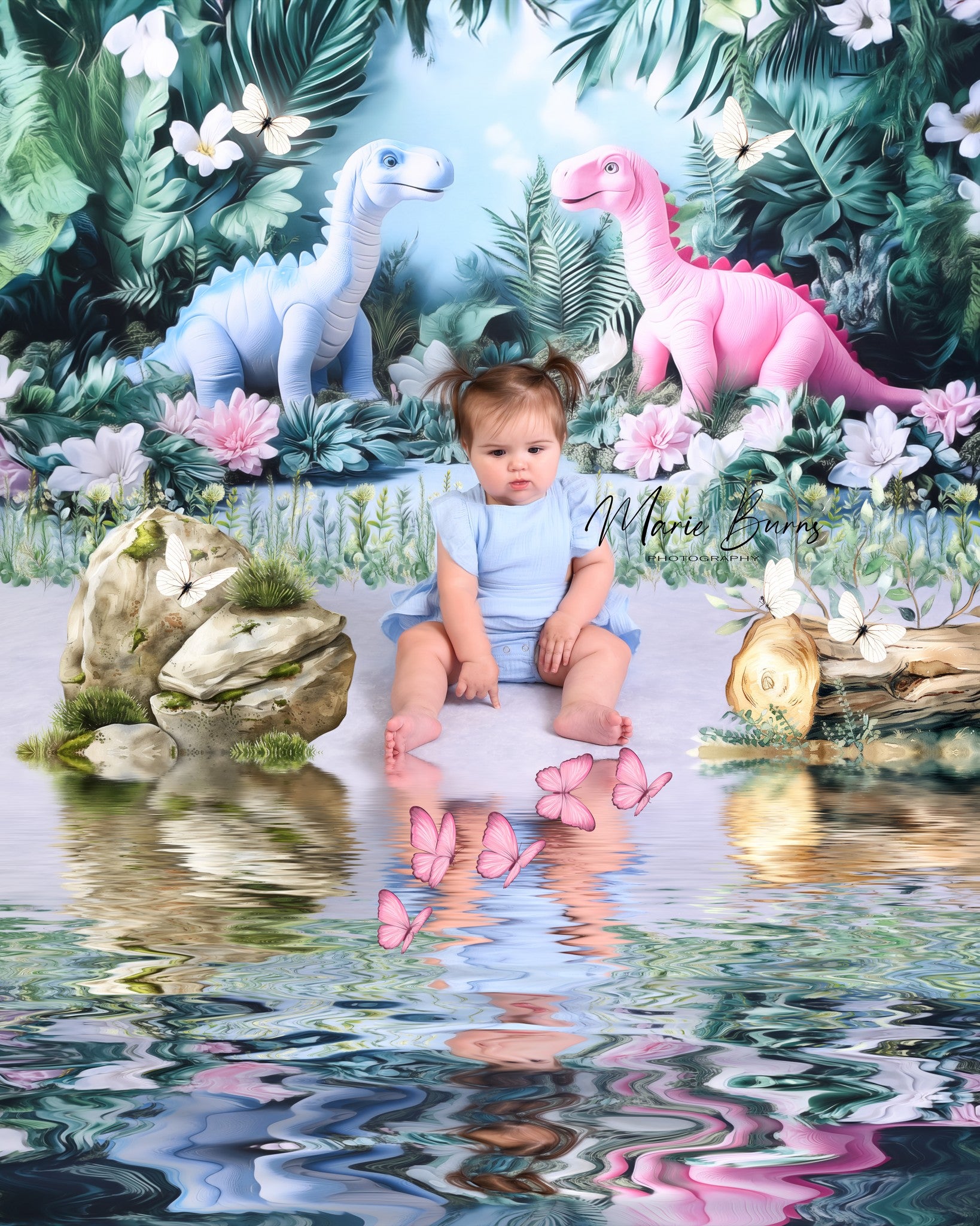 Kate Anniversaire Dinosaure Jungle Fleur Toile de fond conçu par Ashley Paul - Kate Backdrop FR