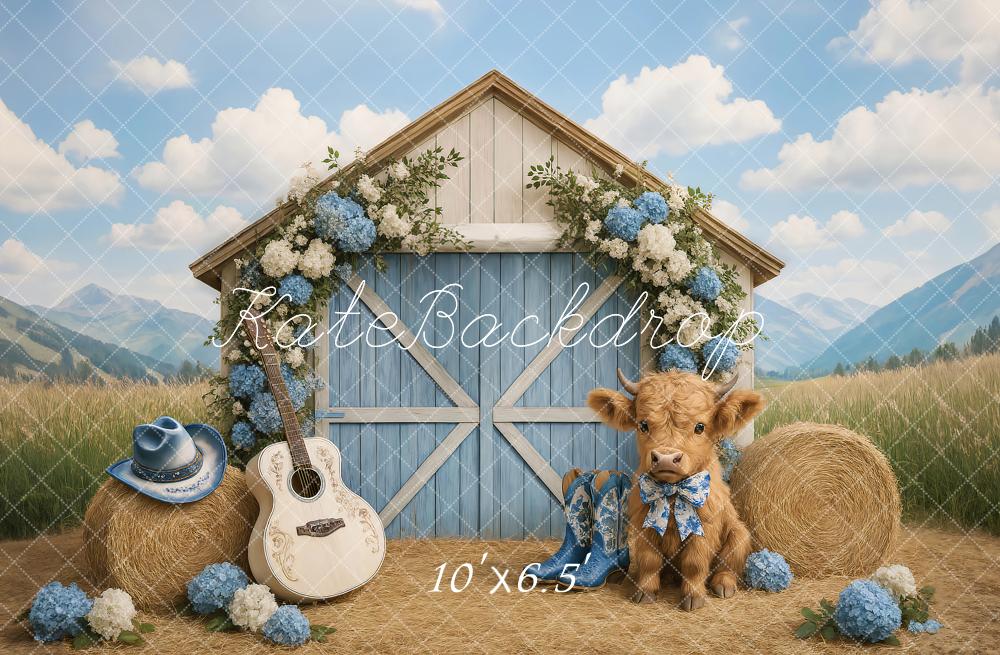 Kate Campagne Grange Vache Guitare Toile de fond conçu par Ashley Paul - Kate Backdrop FR