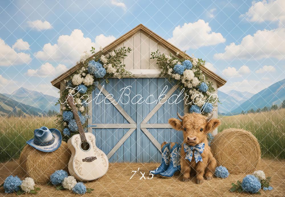 Kate Campagne Grange Vache Guitare Toile de fond conçu par Ashley Paul - Kate Backdrop FR