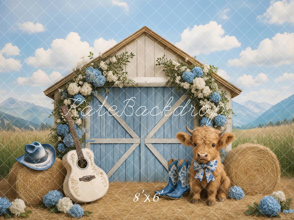 Kate Campagne Grange Vache Guitare Toile de fond conçu par Ashley Paul - Kate Backdrop FR