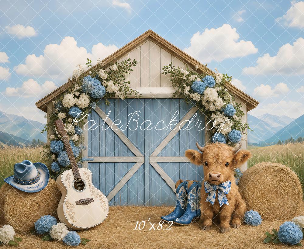 Kate Campagne Grange Vache Guitare Toile de fond conçu par Ashley Paul - Kate Backdrop FR