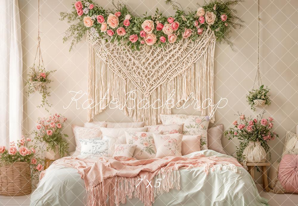 Kate Bohème Fleurs Macramé Chambre à coucher Toile de fond conçue par Emetselch - Kate Backdrop FR