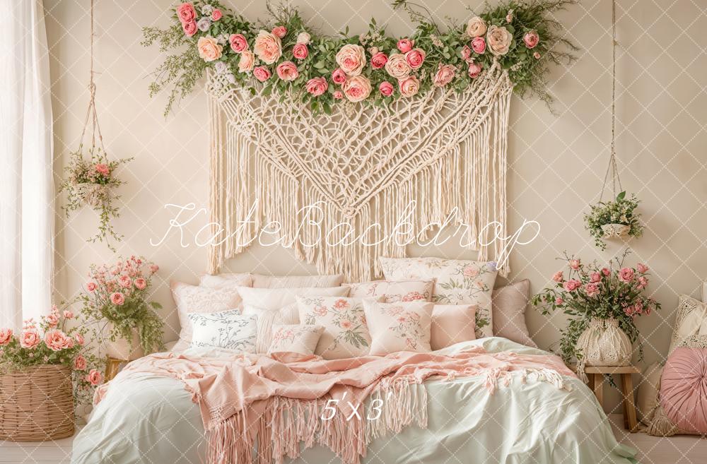 Kate Bohème Fleurs Macramé Chambre à coucher Toile de fond conçue par Emetselch - Kate Backdrop FR