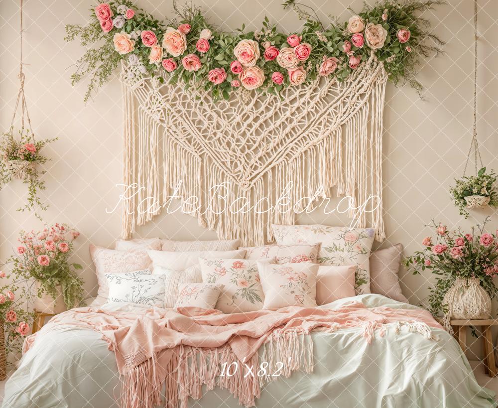 Kate Bohème Fleurs Macramé Chambre à coucher Toile de fond conçue par Emetselch - Kate Backdrop FR