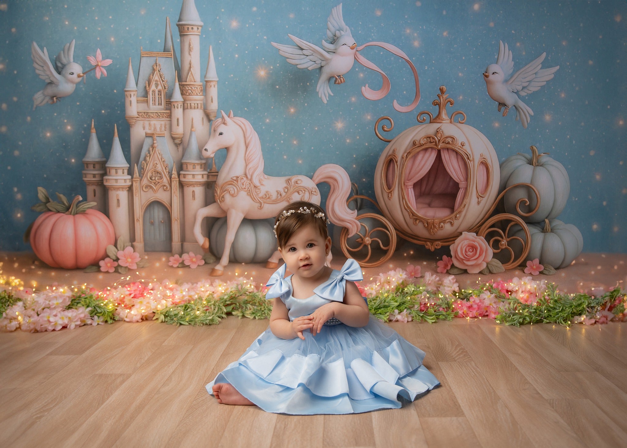 Kate Conte de fées Château Calèche Oiseaux Toile de fond conçu par Ashley Paul - Kate Backdrop FR