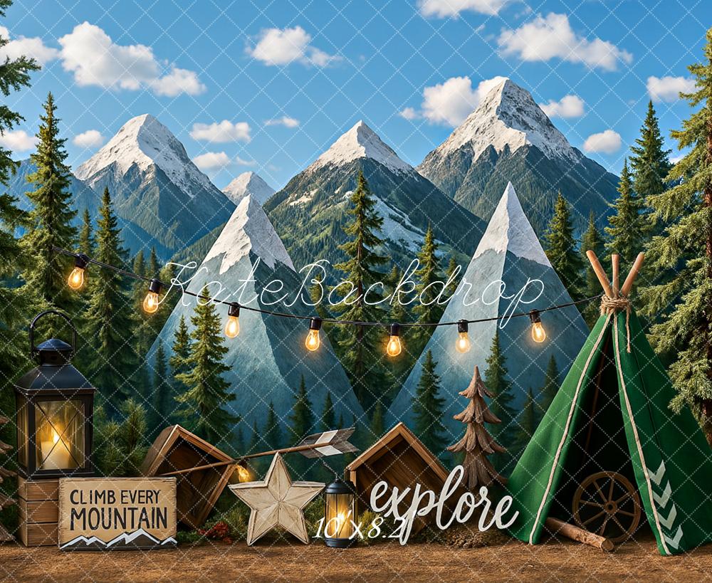 Kate Camping Tente Montagne Aventure Toile de fond conçu par Ashley Paul - Kate Backdrop FR