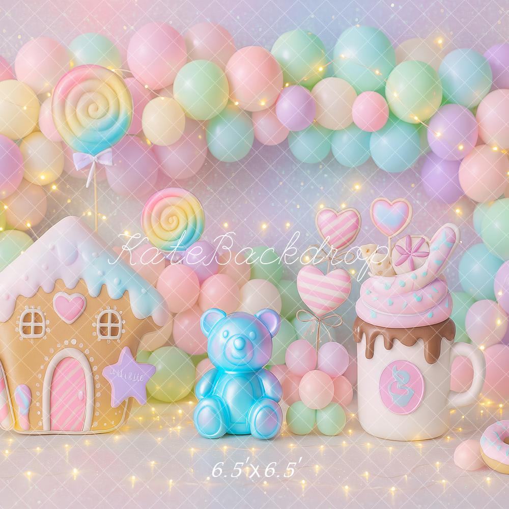 Kate Bonbons Pain d'épices Anniversaire Ballons Toile de fond conçu par Ashley Paul - Kate Backdrop FR