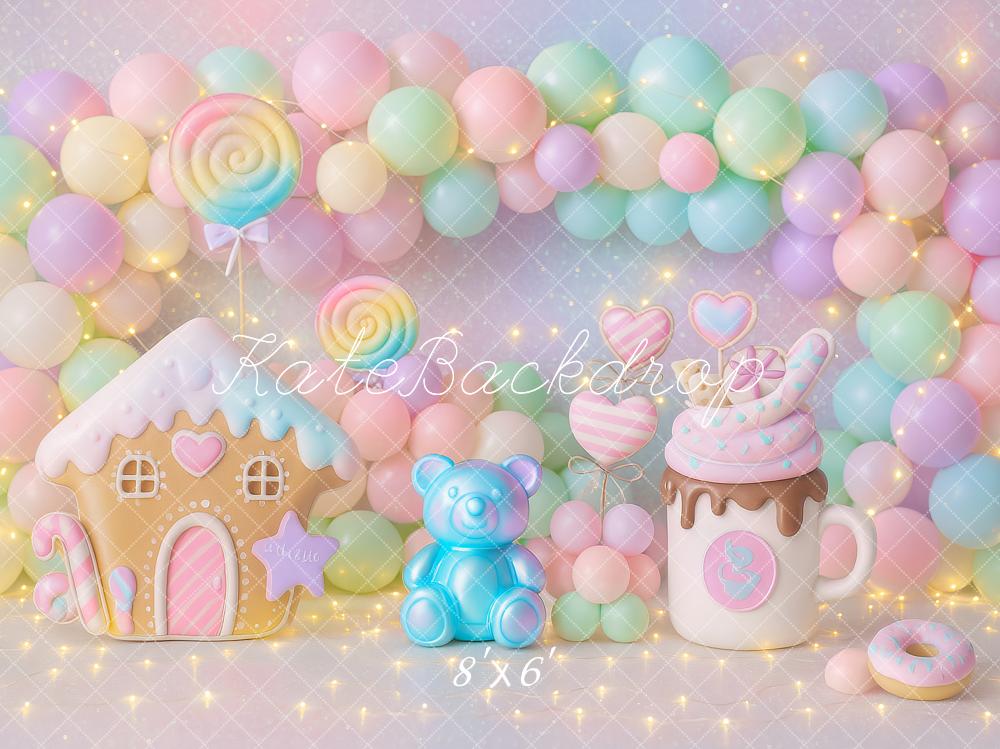 Kate Bonbons Pain d'épices Anniversaire Ballons Toile de fond conçu par Ashley Paul - Kate Backdrop FR
