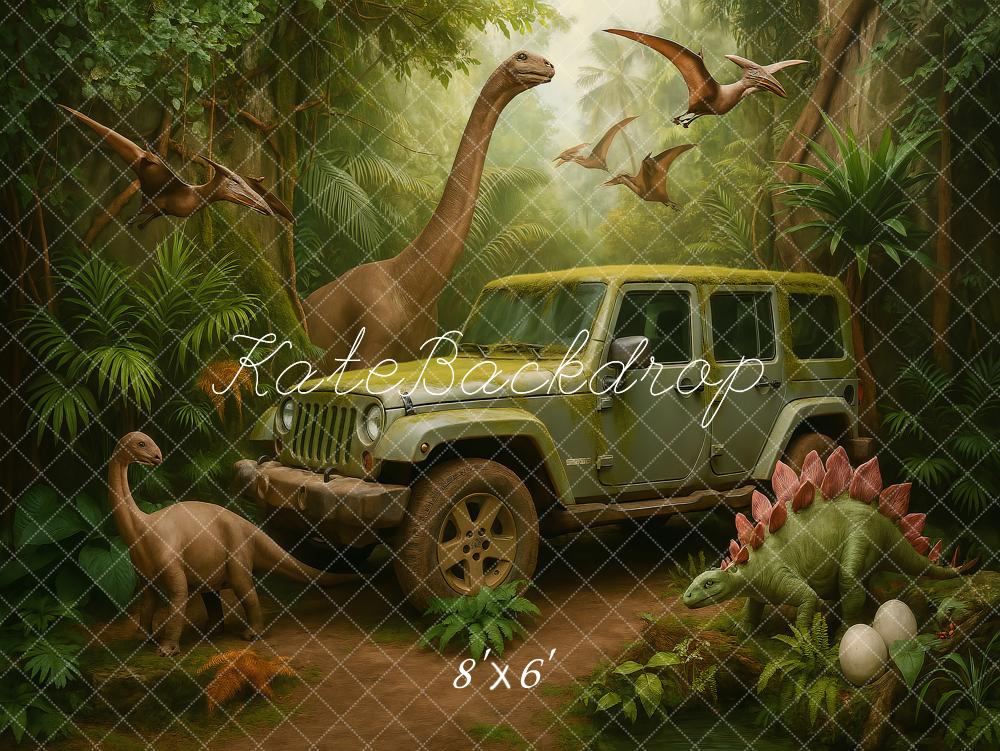Kate Dinosaure Jungle Aventure Voiture Enfant Toile de fond conçu par Ashley Paul - Kate Backdrop FR
